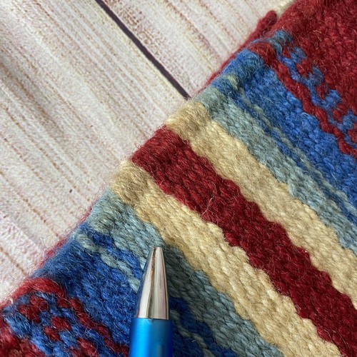 Vtg Southwest Geometric Wool Wall Hanging Rug Tapestry 28"x 60" Blue Dark Red - Picture 3 of 12