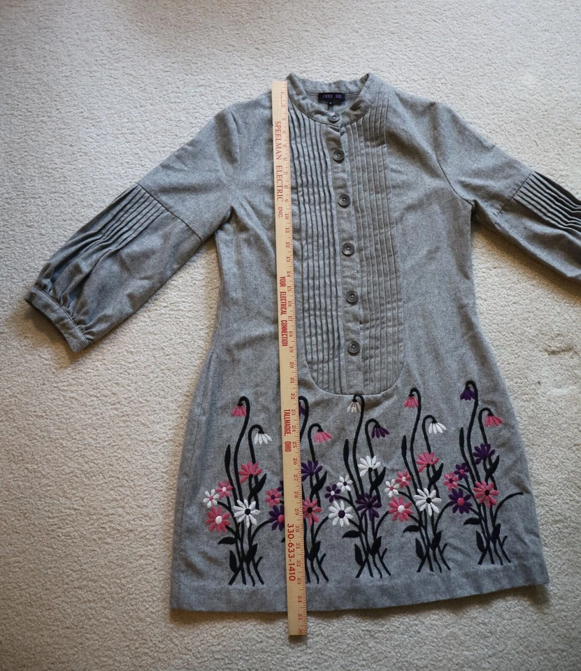 Vestido Anna Sui bordado para mujer talla 6 gris mangas campana lana/algodón  Foto 4 de 4