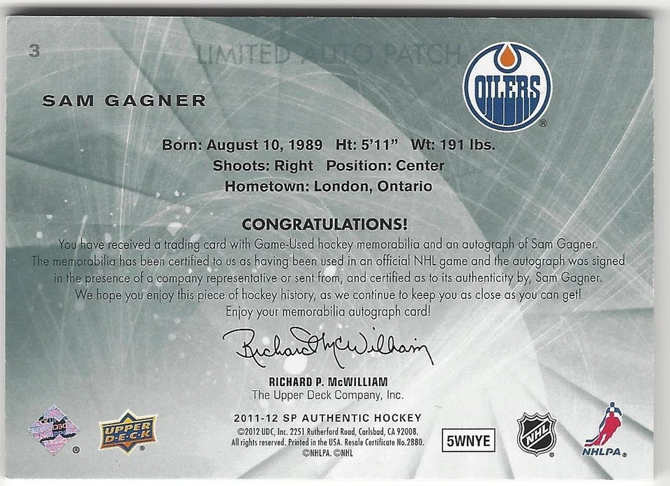 Sam Gagner 2011-12 UD SP Authentic Limited Patch On Card Auto 76/100 SPA #3 - Image 2 of 2