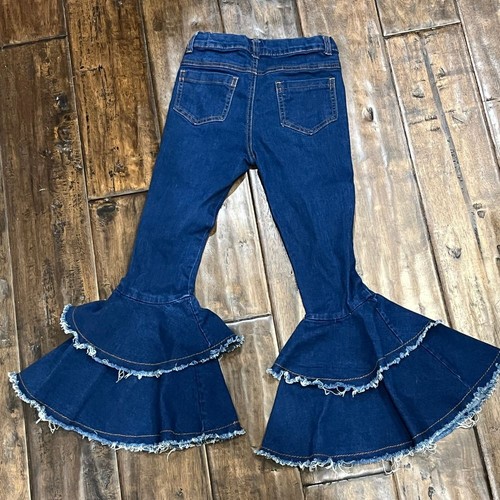 Girls Distressed Bell Bottom Boutique Flare Jeans Boho Festival Ruffle Denim Sz8 - Picture 2 of 8