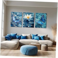 Blue Abstract Butterfly Canvas Wall Art Water 12"x16"x3 Panels Blue Butterfly