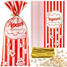 100 Popcorn Bags Individual Servings - Plastic Popcorn Food Bags with Twist Tie