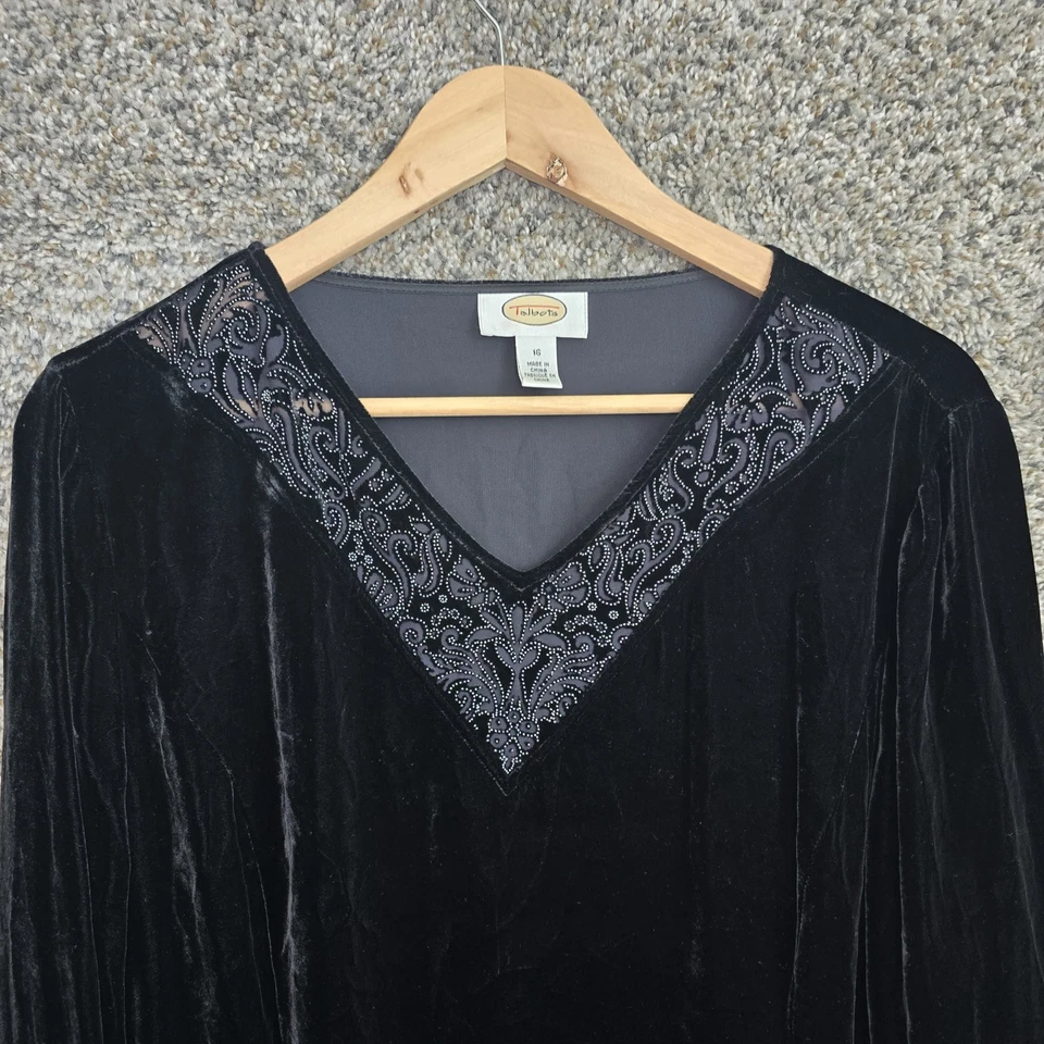 Blusa Talbots Top Mujer Plus 16 Terciopelo Negro Cuello en V Cuentas Manga Larga Damas Foto 4 de 4