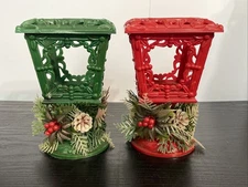 2 Vintage Jasco Christmas Lamplighter Votive Holders w Greenery 5.25” Grannycore
