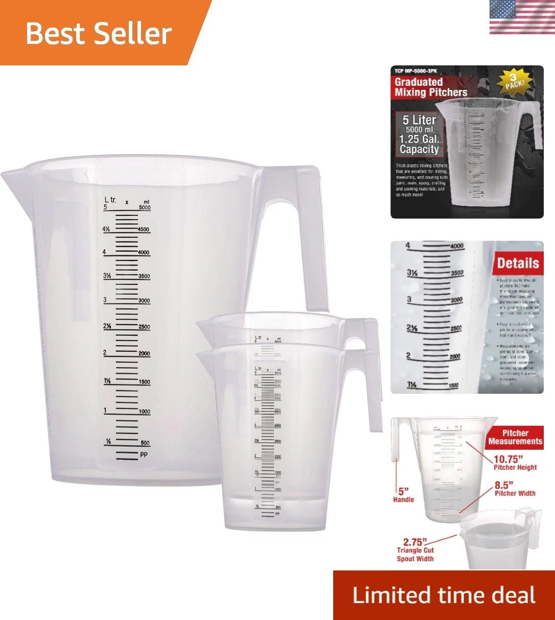 5 Quart Plastic Mixing and Measuring Cup Set - Space-Saving, Easy Pour Design
