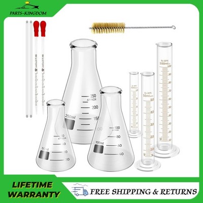11Pcs Lab Glassware:3×Flask,3×Cylinder,2×Dropper,2×Rod,1×Brush,for Lab Science