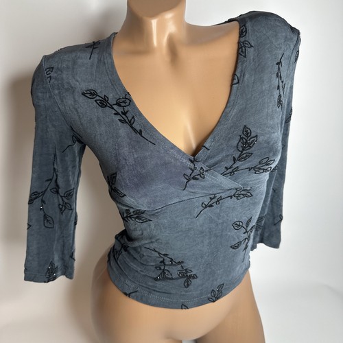 Top envolvente de terciopelo Per Angelo Donna XS floral bordado Italia Y2K Grungecore