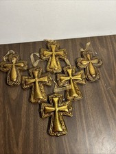 Vintage Cross Christmas Ornament Large Gold Tone Metal Textured Set Of 6