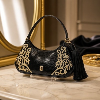 KARL LAGERFELD Rare Arielle Classic gold embroidered Black Shoulder Bag