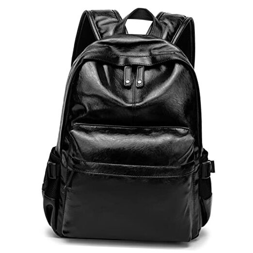 Black Leather Laptop Backpack for Men & Women - Stylish School & College Bookbag