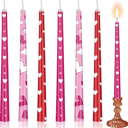 6 Pcs Valentine Taper Candles Real Wax Pink Red Heart Taper Candles 10 Inch Unsc