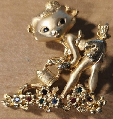 Vintage Danecraft Brosche Kätzchen Katze Blumengartenmädchen