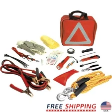 Deluxe Roadside Emergency Kit Jumper Cables Tow Rope Flashlight First Aid Tools