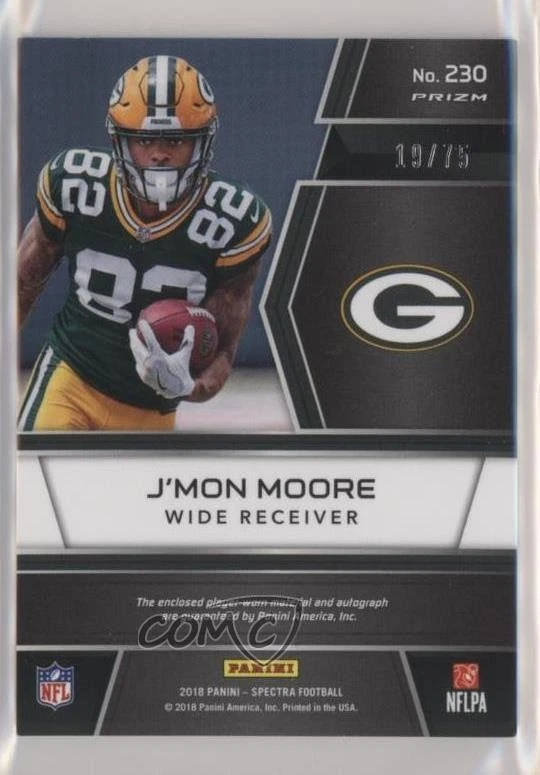 2018 Panini Spectra Neon Blue Prizm /75 J'Mon Moore RPA Rookie Patch Auto RC - Image 2 of 2