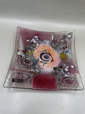 Mixaha Glass Fused Art Glass Square Trinket 6  Dish Made in Greece W/Label