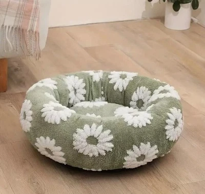 Donut-Haustierbett Grün mit Blumen  40x40x20 Kuschelbett für kl. Hunde & Katzen - Bild 1 von 2