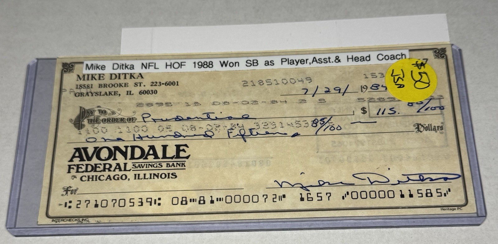 Mike Ditka Autographed Signed Check Blue Ink JSA CG22920 