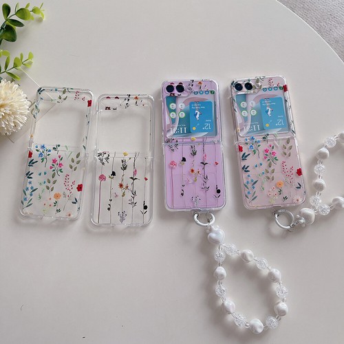 For Samsung Galaxy Z Flip 6 5 4 Flip3 Cute Flowers Hard Phone Case w/Chain