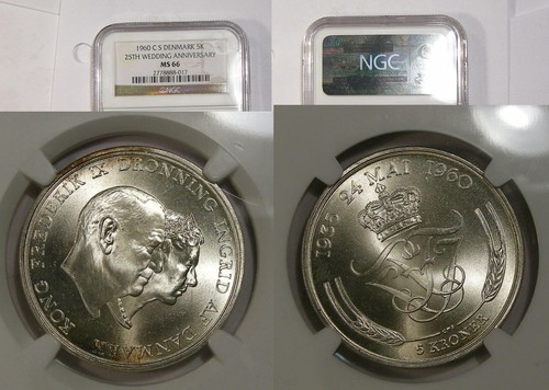 1960 DENMARK SILVER 5 K NGC MS66 GORGEOUS INV#365-B22