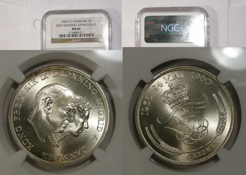 1960 DENMARK SILVER 5 K NGC MS66 GORGEOUS INV#365-B22