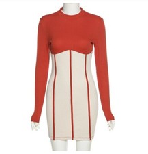 Women Patchwork Ribbed Knitted Skinny Elastic Empire Waist Bodycon Mini Dress #S
