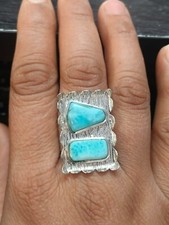 Larimar Two-Stone Ring 925 Sterling Silver Natural Dominican Gemstone Jewelry 7'