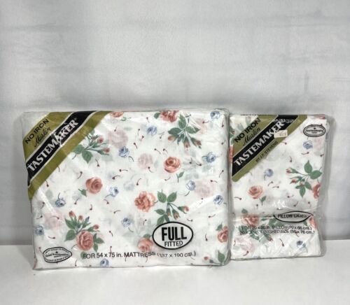 Vintage Tastemaker Full Fitted Sheet & 2 Pillowcases Floral Blue Pink Green - Picture 1 of 9