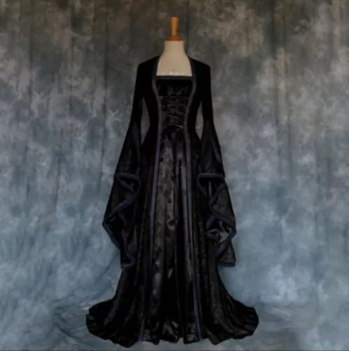 Mittelalterliches Kostüm Halloween Karneval Hexe Vampir Gothic Lange Partykleid - Bild 7 von 14