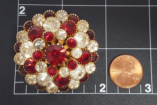 Red White Rhinestone Domed Stacked Brooch Star Pin Round Chunky Vintage Glass - Picture 2 of 22