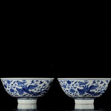 A Pair Chinese Blue&White Porcelain HandPainted Phoenix Pattern Bowls 22171