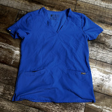 Figs Womens Top Small Blue Pockets Technical Collection Scrub Polyester Spandex