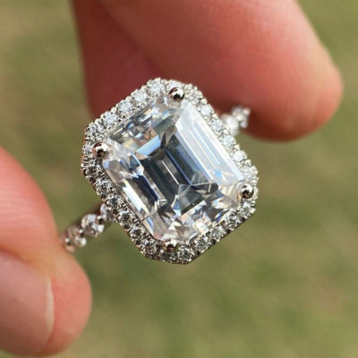 2.44 TCW Emerald Brilliant Moissanite Halo Engagement Ring 14K White Gold Plated