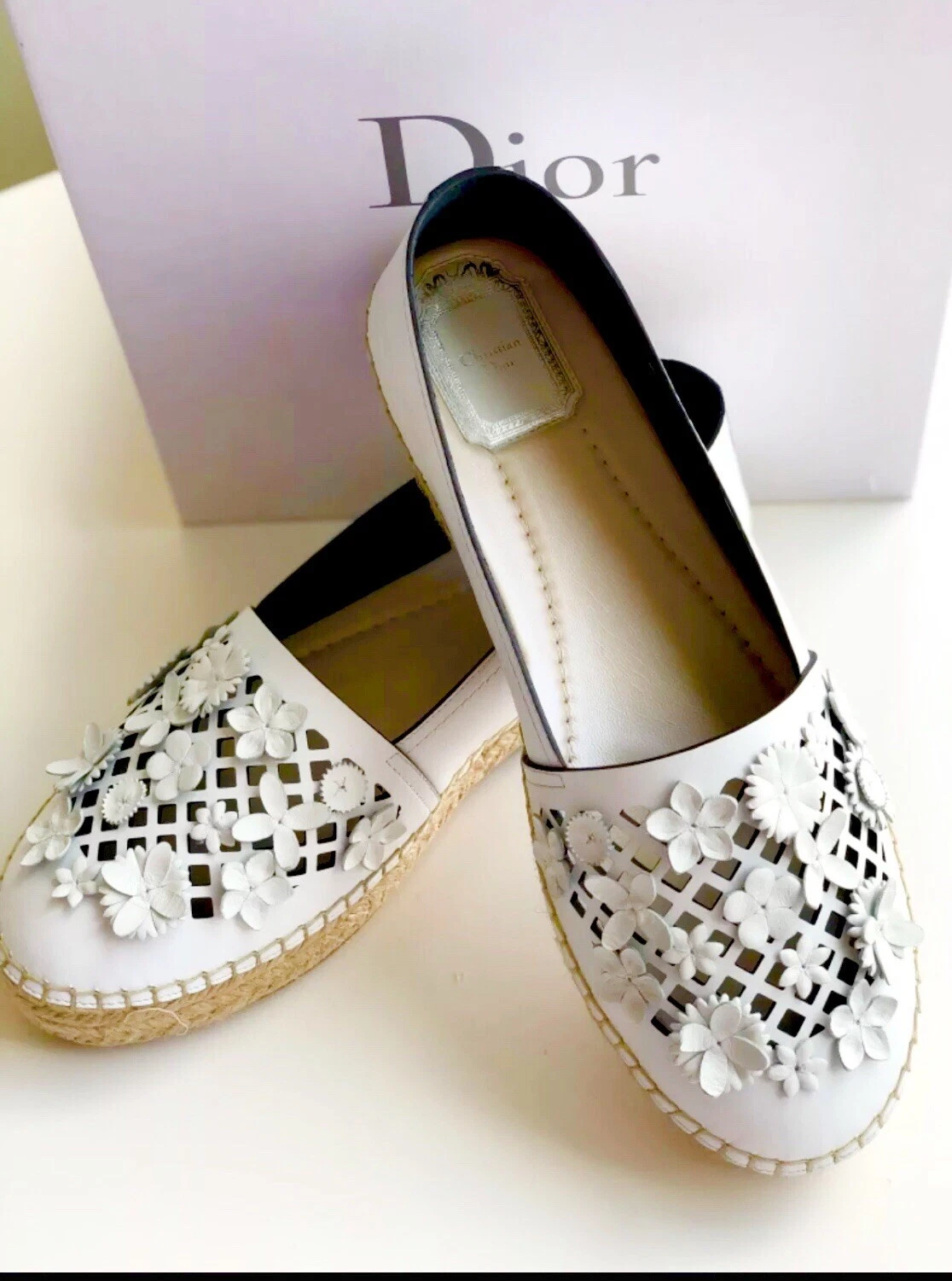 Sandales Dior neuves cuir blanc floral espadrillas plates eu 38,5 US 8,5
