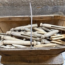 Lot Vintage Wooden Clothes Pins Round Head 1950s Primitive w/ Basket