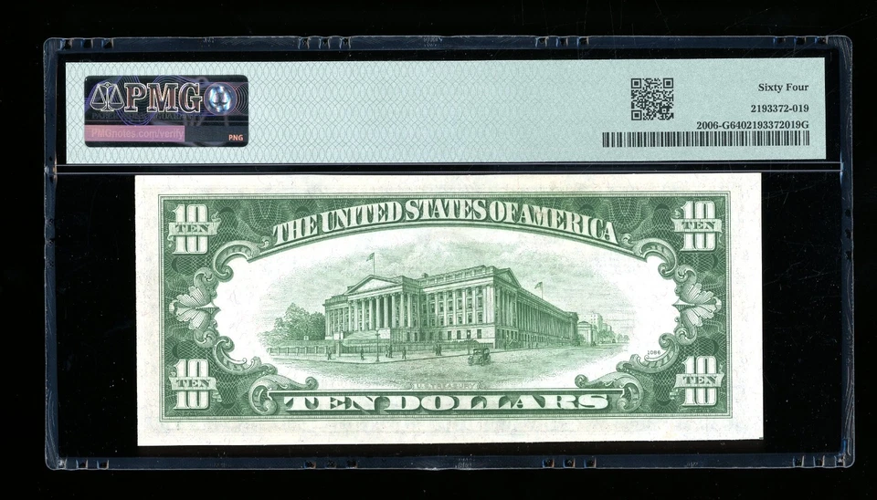 DBR 1934-A $10 FRN Chicago Fr. 2006-G PMG 64 Serial G30897525C - Image 2 of 2