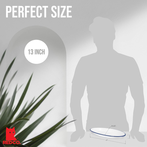 Set of 4 Enamelware Metal Classic 13" Serving Oval Tray Platter, Solid White/Nav - Picture 6 of 9