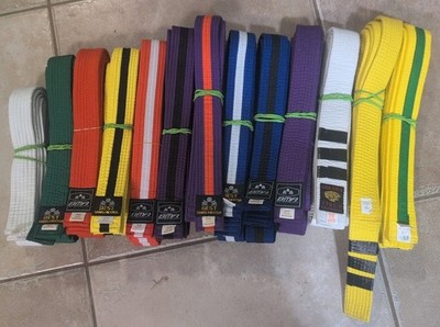 Lot of 13 - Karate Martial Arts Belts size 0 2 3 4 BMA Best Sang Moosa Gold Tige