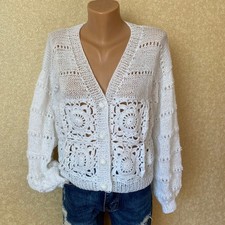 White Sweater Lace Wedding Jacket Style Knitted Wool Cardigan Granny Square Crop