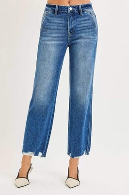 RISEN High Rise Ankle Straight Distressed Hem Detail Jeans