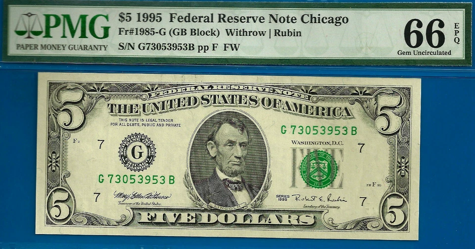 1995 $5 FRNote PMG 66EPQ - Top Pop Highest Graded GB Block Fr 1985-G - Image 3 of 4