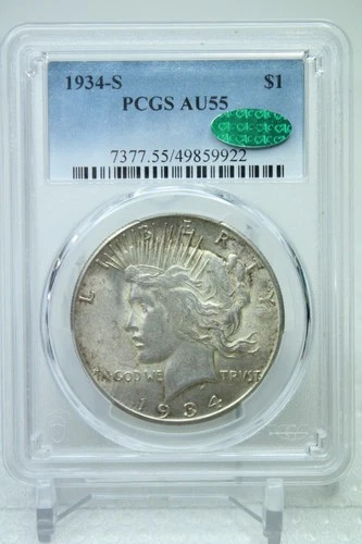 1934-S Peace Silver Dollar PCGS AU55 Green CAC #9922