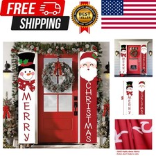 Christmas 2pc Outdoor Yard Banner, Red White Santa Snowman, Merry Decorations...