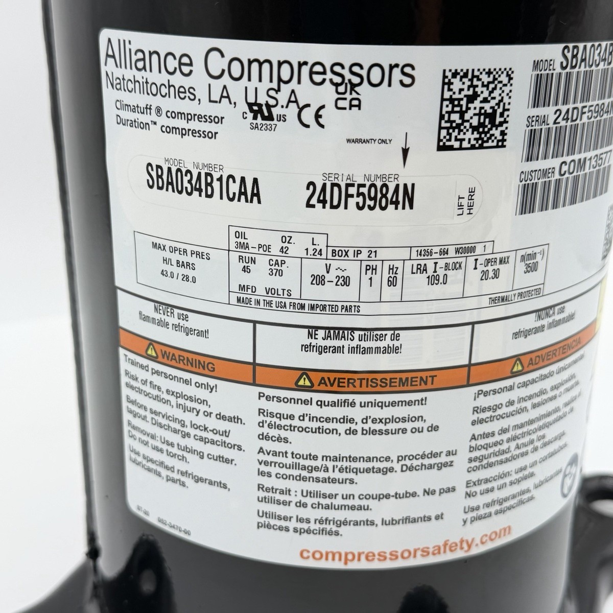 NEW ZP34K6E-PFV-33A COMPRESSOR ZP34K6E-PFV-830 TRANE SBA034B1CAA