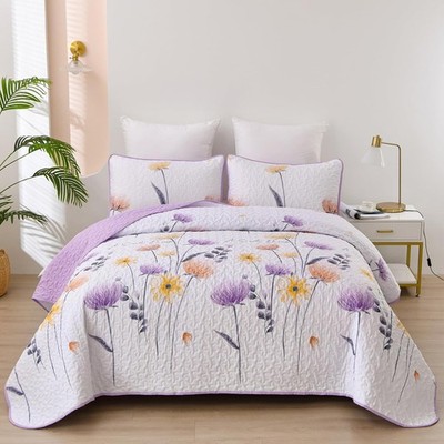 Floral Reversible Quilt Set Lightweight Microfiber Coverlet All Season Bedding