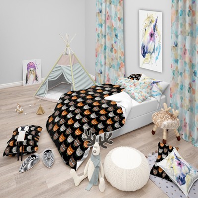 Designart 'Cute Cats Pattern' Modern kids Bedding Set - Black Twin Cover + 1 sha