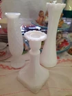 Lot Of 3 Vintage Milk Glass 2 Vases 9" & 7-1/2" & (1) 1930's Candlestick 6-1/2".