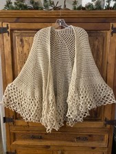 Beautiful vintage large hand crocheted ivory shawl wrap - L-1X