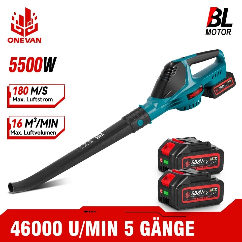 ONEVAN 5 Gänge Akku Laubbläser Mit 2x 18V Akkus + Ladegerät Laubbläse Brushless Bläser