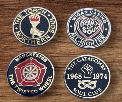 NORTHERN SOUL BADGE SET 1 - WIGAN CASINO - TWISTED WHEEL - THE TORCH - CATACOMBS