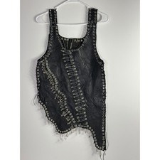 Black Patchwork Leather Top Vest Safety Pin Grommet Asymmetrical Black Y2K
